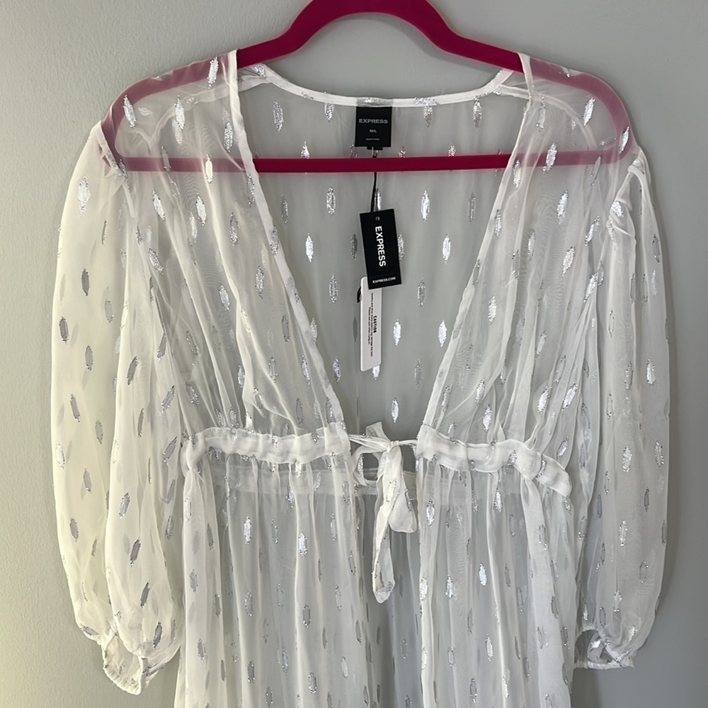 Express White Tie Front Cover Up with Silver Accents